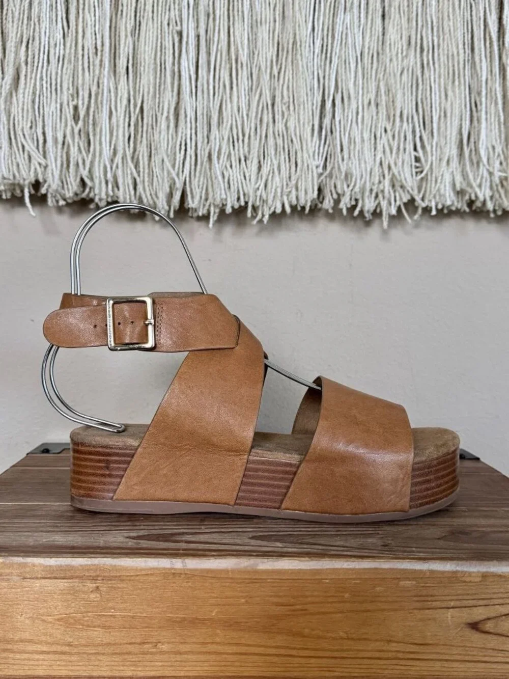 Kelsi Dagger Dunes Leather Brown Peanut Ankle Wrap Platform Sandals Size 8.5